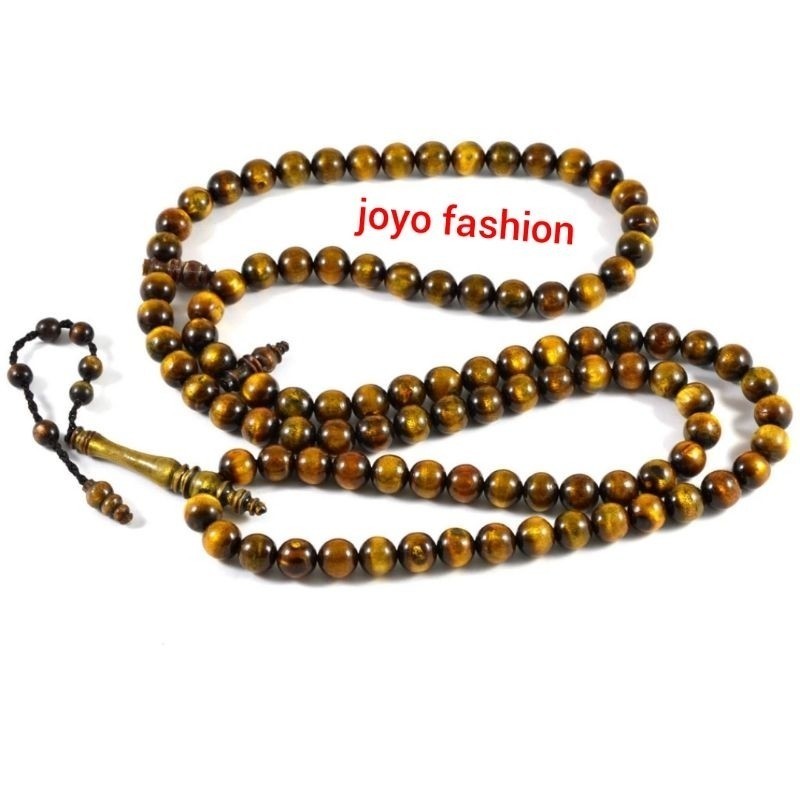 TASBIH FOSIL AKAR BAHAR YUSER KUNING EMAS NATURAL 99 BUTIR TEMBUS CAHAYA