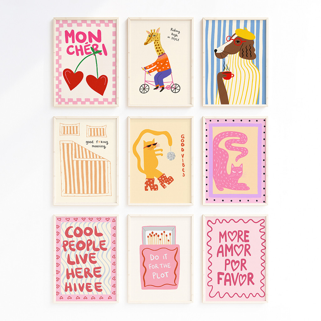 

Trendy Cute Pink Aesthetic Wall Art Funny Cat Giraffe Quote Canvas Preppy Posters for Living Room Bedroom Girl’s Room Home Decor