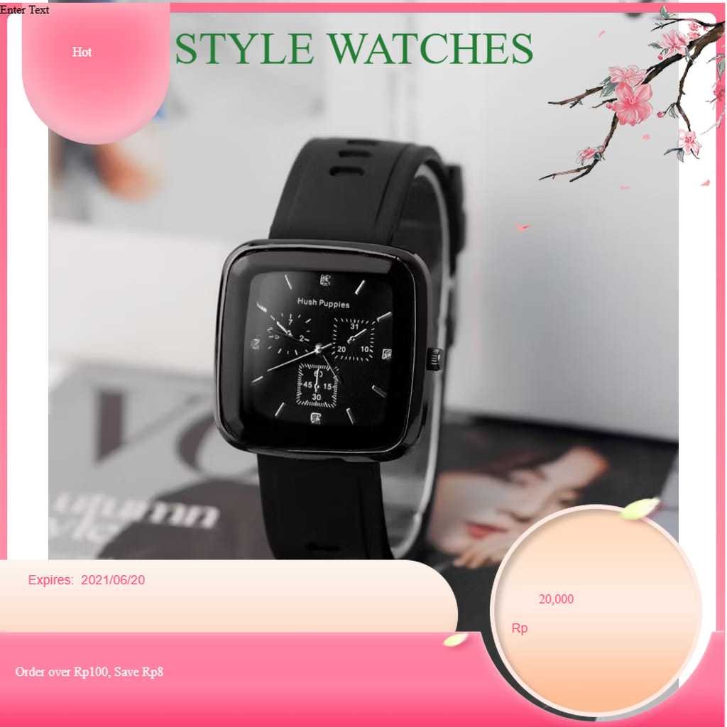 Jam Tangan HushPuppies Pria Wanita Kotak Fashion Strap Rubber Analog