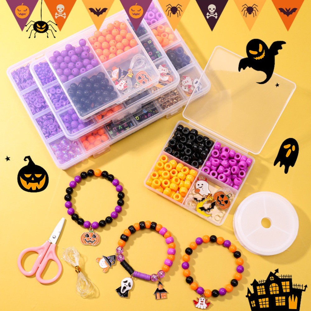 

Acrylic Friendship Bracelet Making Set Letter 24 Grid Box Halloween Beads Bracelet Making Kit Cartoon Skull Bead
