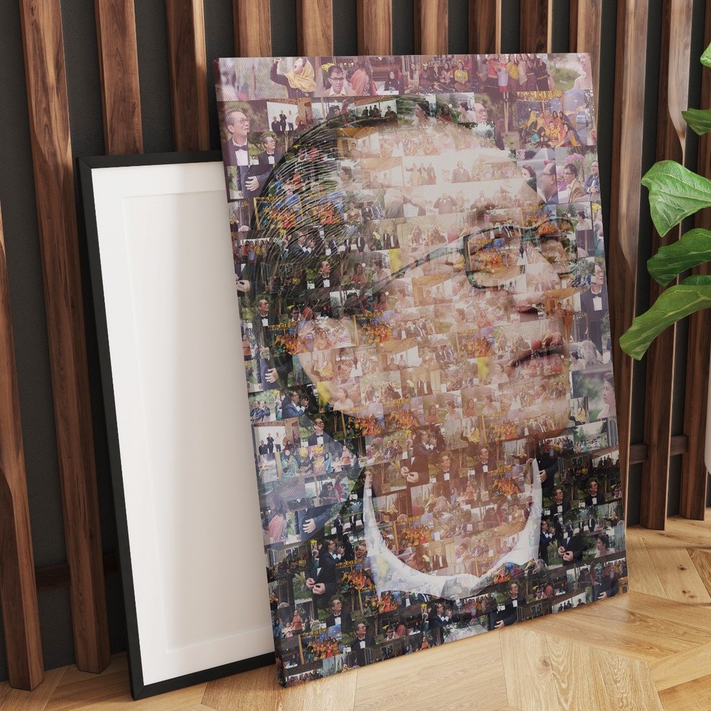 Kolase foto mozaik cetak kanvas Premium. Sudah termasuk desain, cetak dan frame/bingkai ukuran besar