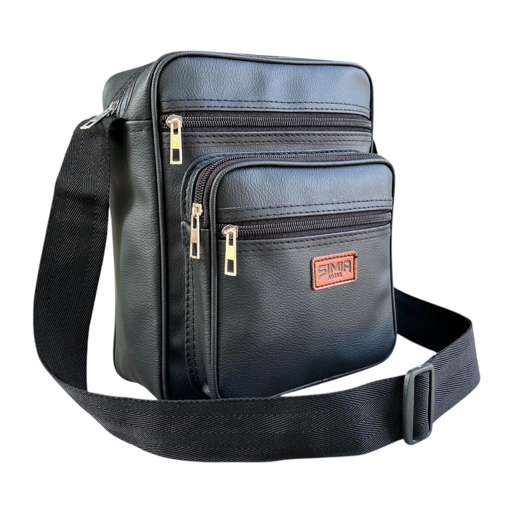 SMR Tas Selempang Kulit PU Hitam 4 Resleting Fungsional Modis Bahan Tebal Kompartemen Luas Tas Selem