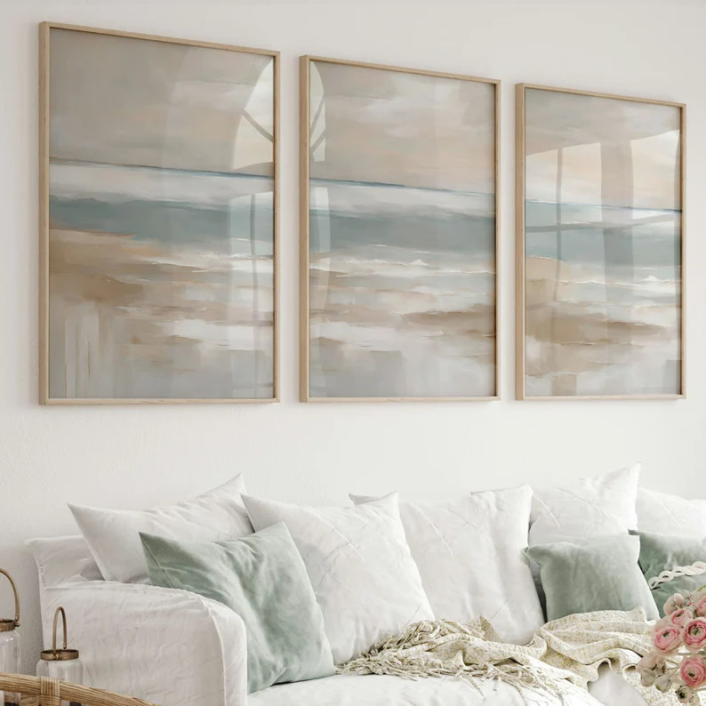 

Set of 3 Minimalist Abstract Neutral Coastal Landscape Beach Ocean Poster Canvas Painting Wall Art Pictures Home Interior Decor