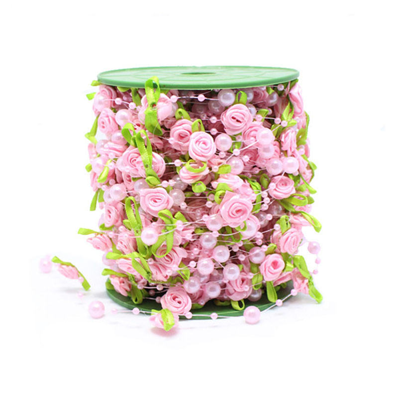 

2M Pink Rose Pearl Leaf String Beads Garland Ribbon for Wedding Party Home Crafts Decoration DIY Accessory Gift Wrapping