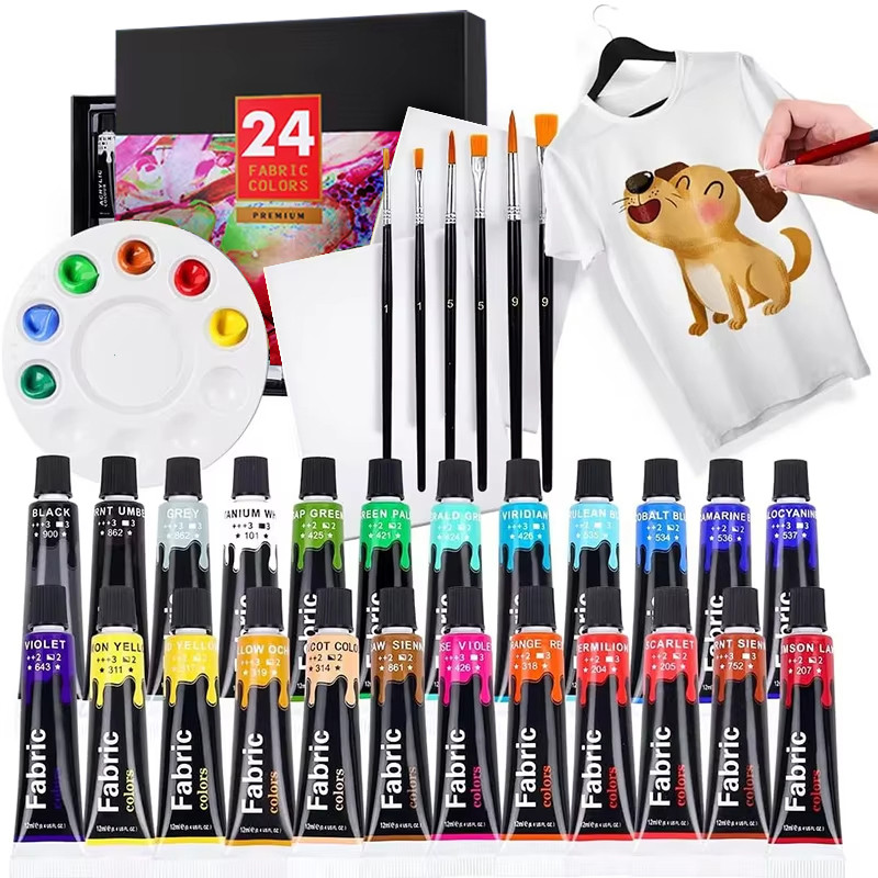 

12/24 Colors 12ml Fabric Paint Set with 6 Brushes, 1 Palette, Waterproof Textile Pigment Tube Painting Kit for Shoes, Canvas