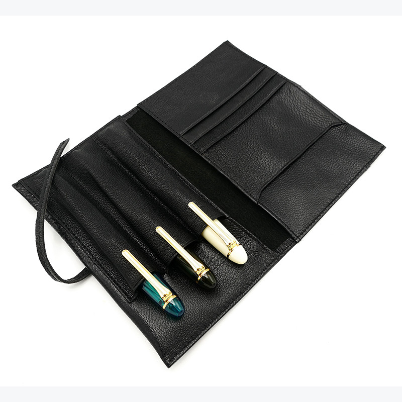 

Black Handmade Genuine Lambskin Leather Pen Bag Holder Pencil Case Fountain Pen Case