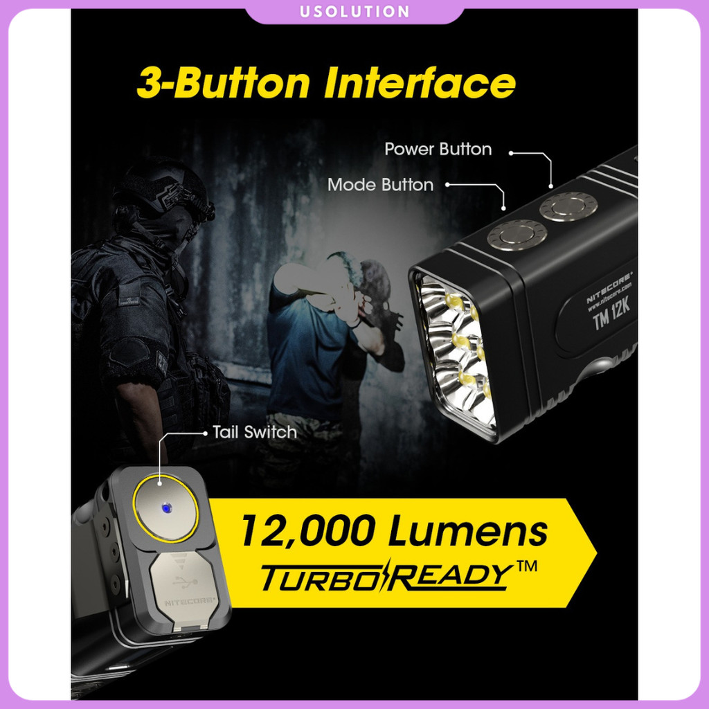 NITECORE Senter LED Flashlight OLED Display Rechargeable 12000 Lumens - TM12K