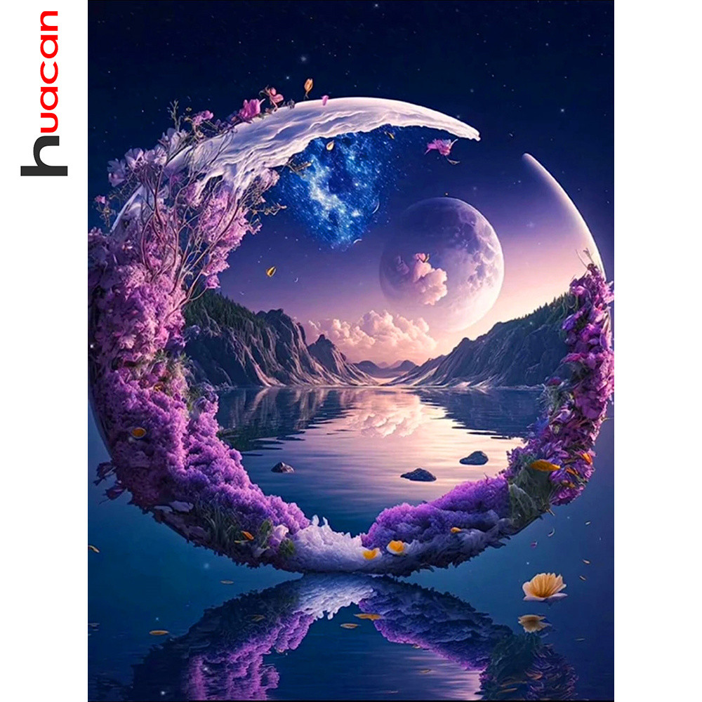 

Huacan 5d Diamond Mosaic Landscape Moon Diy Painting Mountain Full Embrpoidery Flower Home Decor Rhinestone Pictures