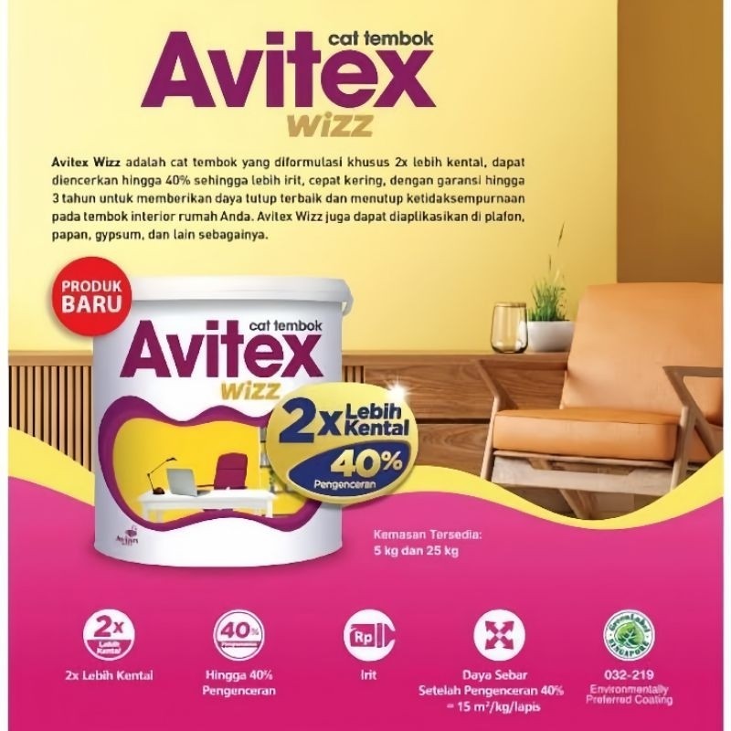 Cat tembok Avitex Wizz 25kg, Avitex Wizz kemasan 25kg, Hemat 2x lebih kental, Avitex wizz 25kg warna