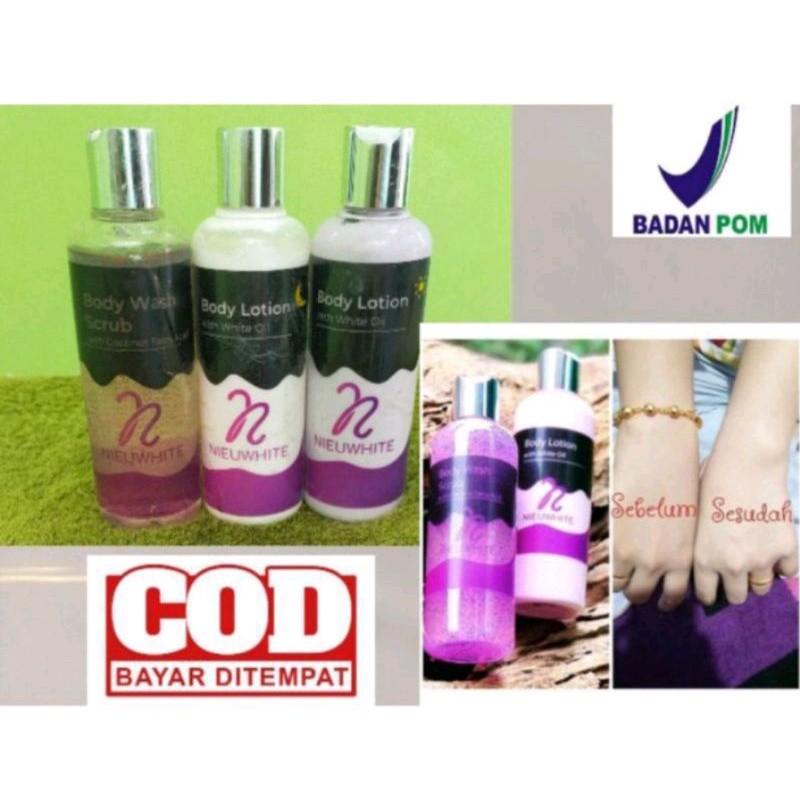 Eleora nieuwhite body wash scrub(sabun mandi cair +scrub) & Eleora nieuwhite body lotion 250ml