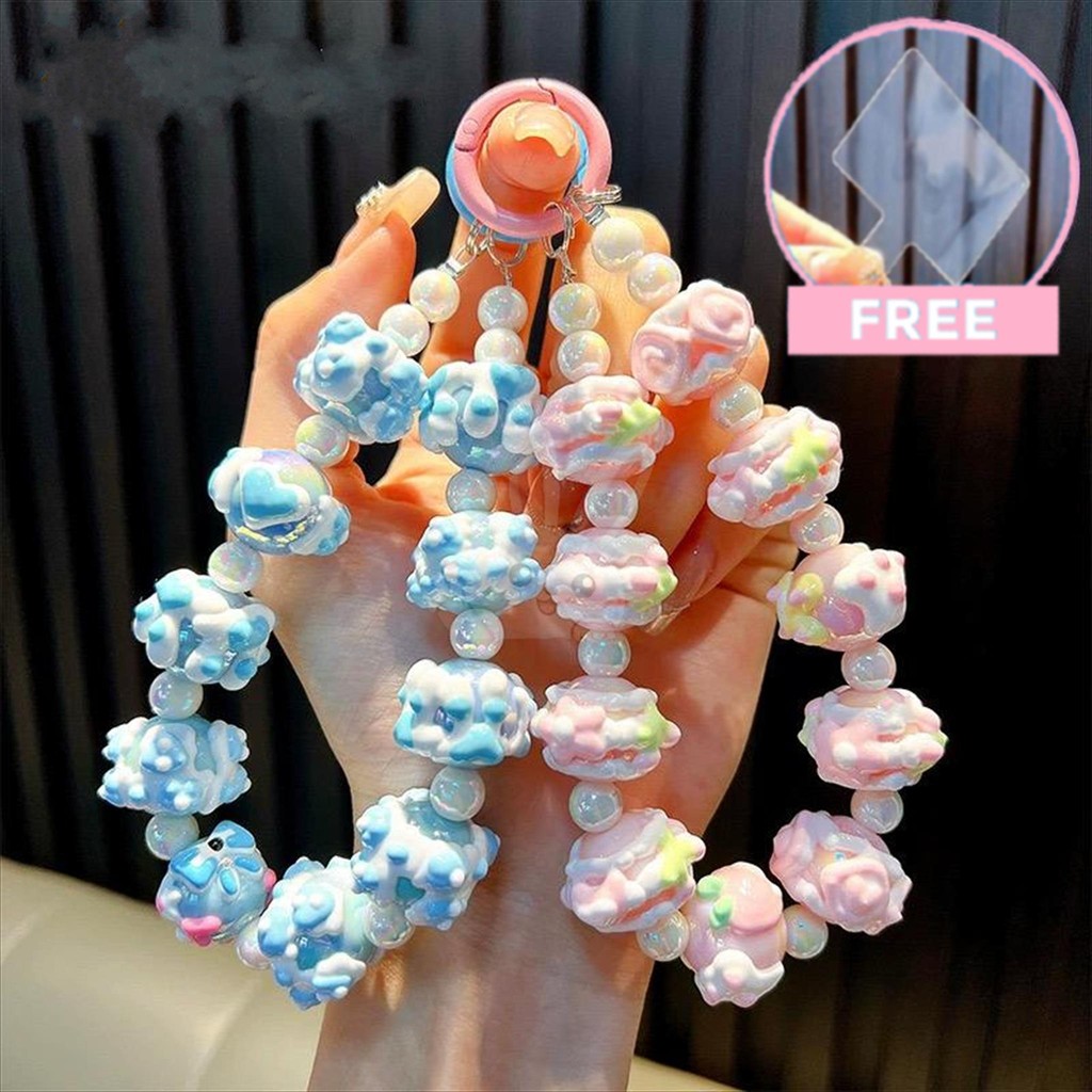 Fastword_ Kiyomi Gantungan Strap Cloud Pita Love Motif Beads Phone Charm Gantungan Kunci Tas Gaya