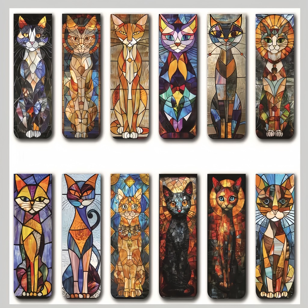

12pcs Elegant Cat Magnetic Bookmarks In Stained Glass Design - Perfect For Books, Fridges, Laptops & Whiteboards - Ideal For Stu