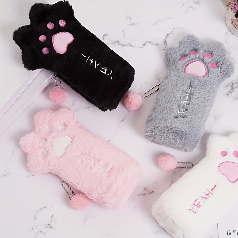 

1pc Cute Plush Cat Paw Pencil Case Bear Claw Cartoon Large Capacity Creative Stationery Storage Box with 6 Pencils Polyester