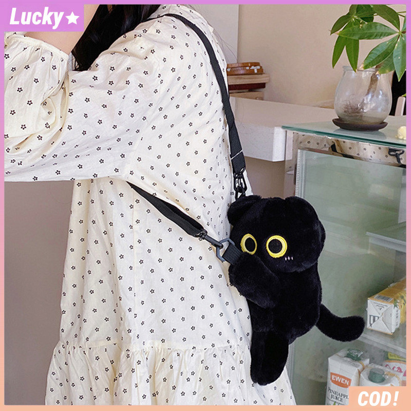Kartun Kucing Hitam Bermata Besar Tas Bahu Kepala Miring Lucu Boneka Mewah Anak Kucing Mini Hadiah B