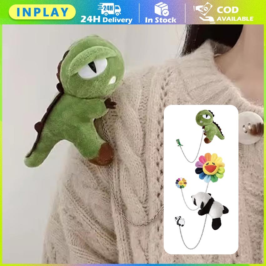 Bros Kartun Lucu Panda Sunflower Pikachu Dinosaurus / Bros Pin Enamel Karakter Dengan Rantai Logam /