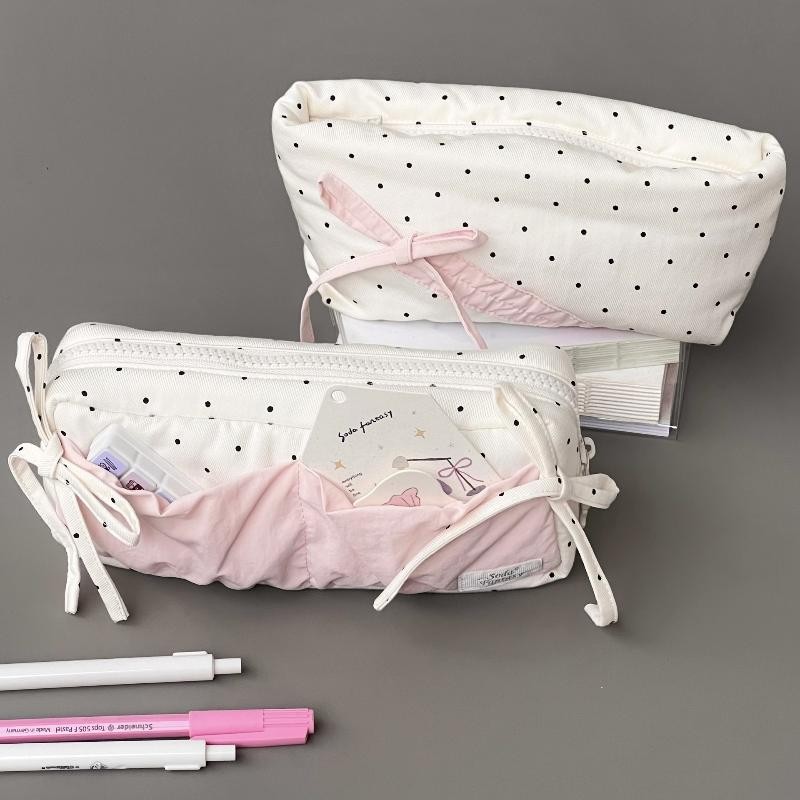 

Cute Polka Dot Bow Pencil Case White With Pink Accessories Large Capacity Zipper Pencil Bag Student Stationery School Supplies