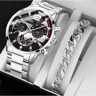 Hot Deals 2Pcs Jam Tangan Mewah Pria Gelang Emas Pria Gelang Emas Stainless Steel Jam Tangan