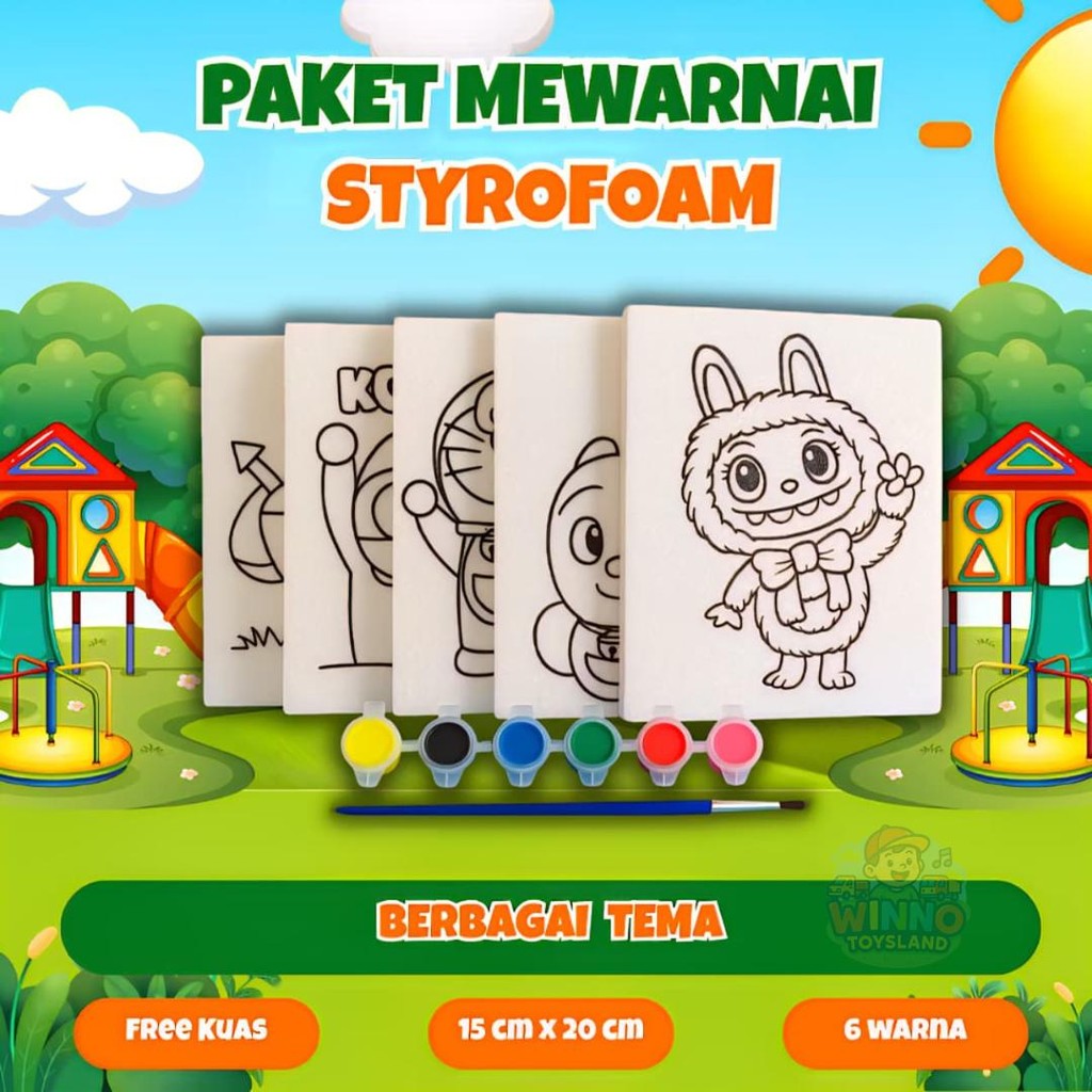 

WINNO TOYSLAND - PAKET 2 Styrofoam Karakter 5 Warna Cat Lukis 1 Kuas 1 Palet Colouring For Kids Aesthetic Watercolor Dimensi Coloring Gambar 30 cm x 20 cm 1.5 cm Ketebalan Styrofoam