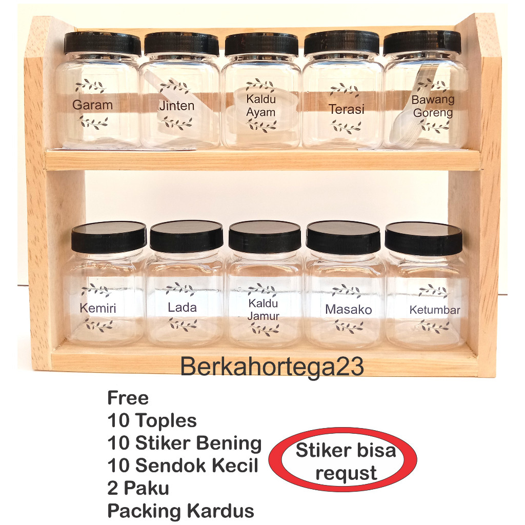 Alat Dapur Murah // Rak Bumbu 2 Susun Free Toples, Sendok, Stiker Transparan yg bisa Request nama2 b