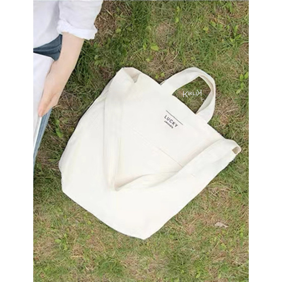[S3TYA_SHOP] TOTE BAG KAIN CANVAS WANITA PRIA UNISEX BESAR POLOS SELEMPANG GENGGAM - Off White
