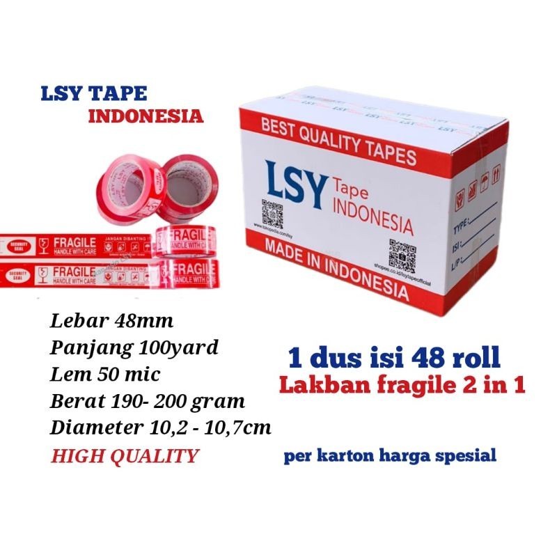 

lakban fragile merah putih 2 in 1 100yard 1 dus isi 48 roll LSY TAPE INDOENSIA