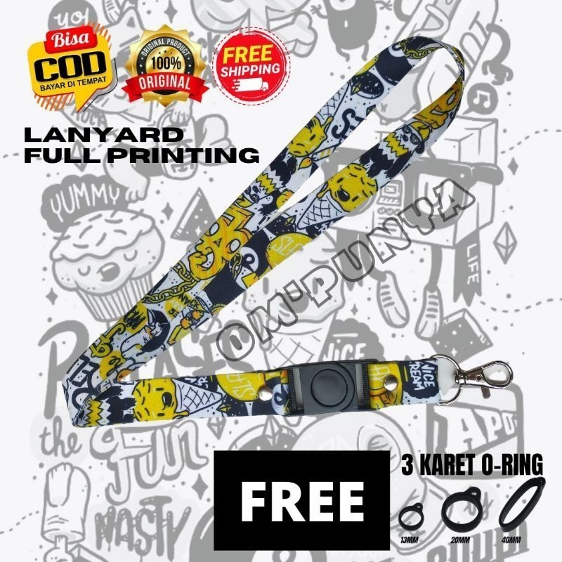 

Lanyard Gantungan Bonus 3 Karet Motif DOODLE YUMMY Full Print Bolak Balik
