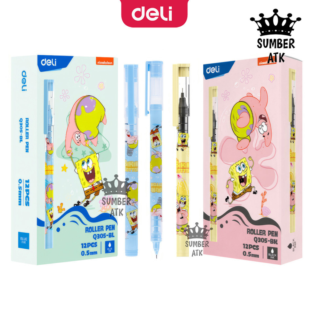 

Deli Pulpen Roller Pen 0.5mm SPONGEBOB Q305-BK Q305-BL Black Blue Kapasitas Tiinta 1100 meter