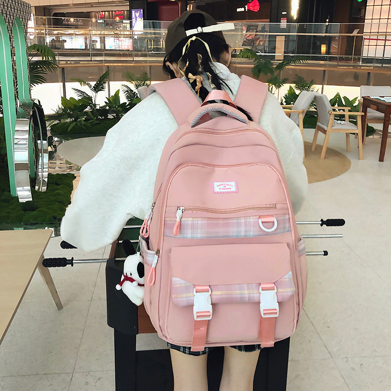 Tas Sekolah Kotak-kotak Gaya Jepang Tas Ransel Warna Kontras Pelajar Sekolah Menengah Serbaguna Wani