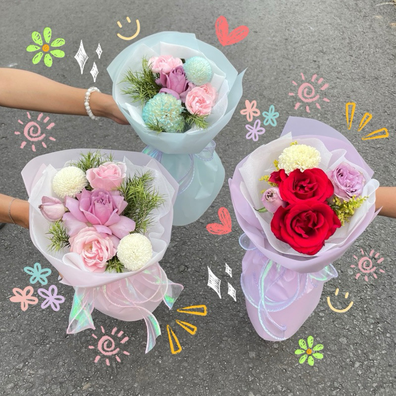 Summerlove Fresh Flowers ( bunga segar asli) Mini Cutie Bouquet - buket mawar pompom carnation kado 