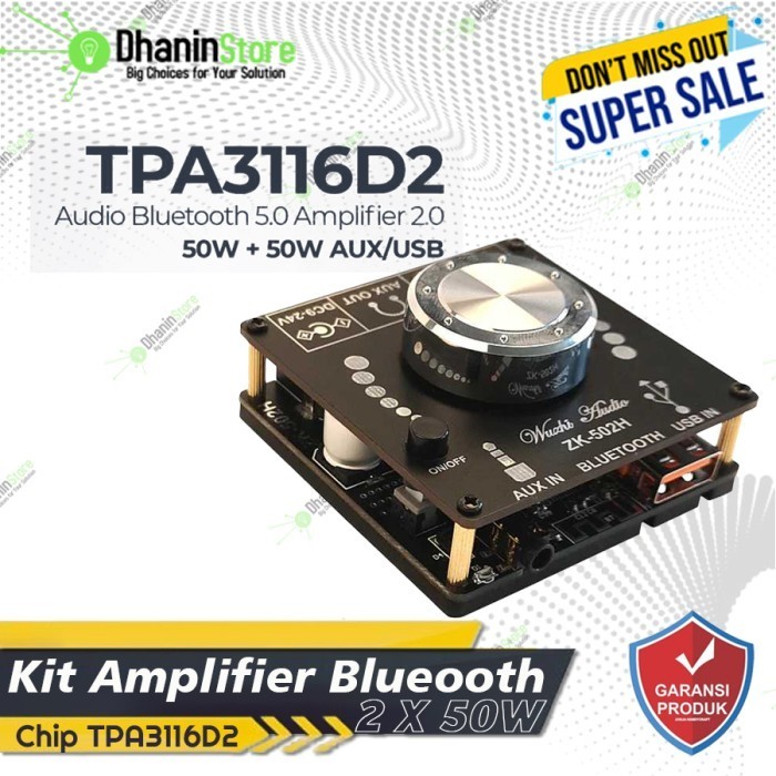 Kit Power Amplifier Ampli Mini Bluetooth 5.0 Stereo 2 Chanel TPA3116D2 12 24 Volt USB Aux