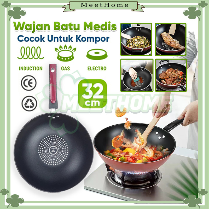 Wajan Penggorengan Anti Lengket Batu Medis/Wajan Penggorengan Diameter 32cm/Wajan Batu Medis Anti Le