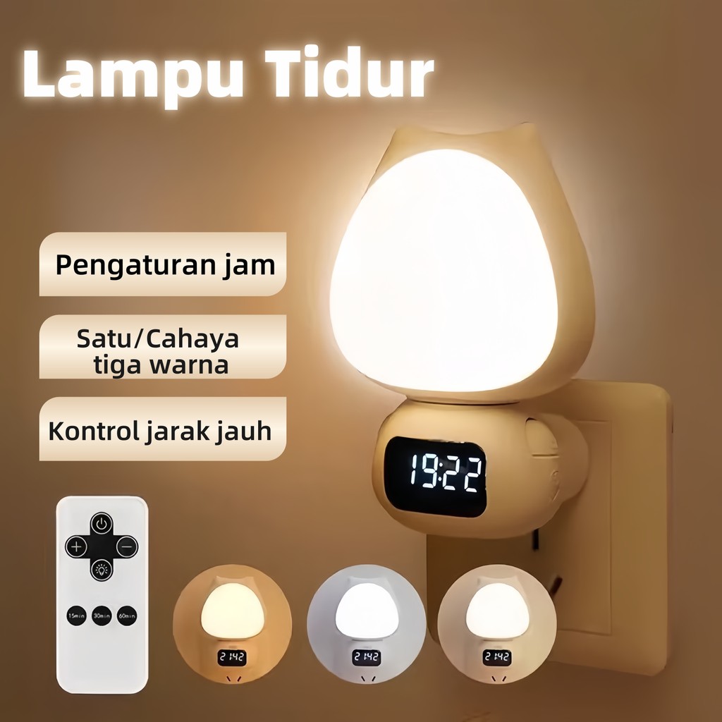 3 Warna Led Lampu Tidur Tidur Model Kucing LED Wireless Lampu Tidur Jam Remote Digital Rechargeable