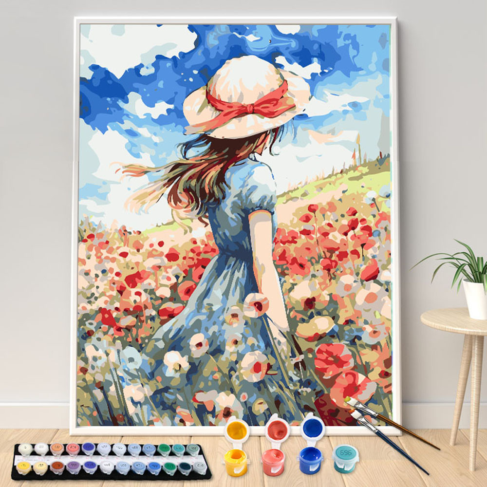 

Hand Painted Back View of Girl in Sea of Flowers Acrylic Painting Kit Seascape DIY Acrylic Artwork Canvas Art Gift Home