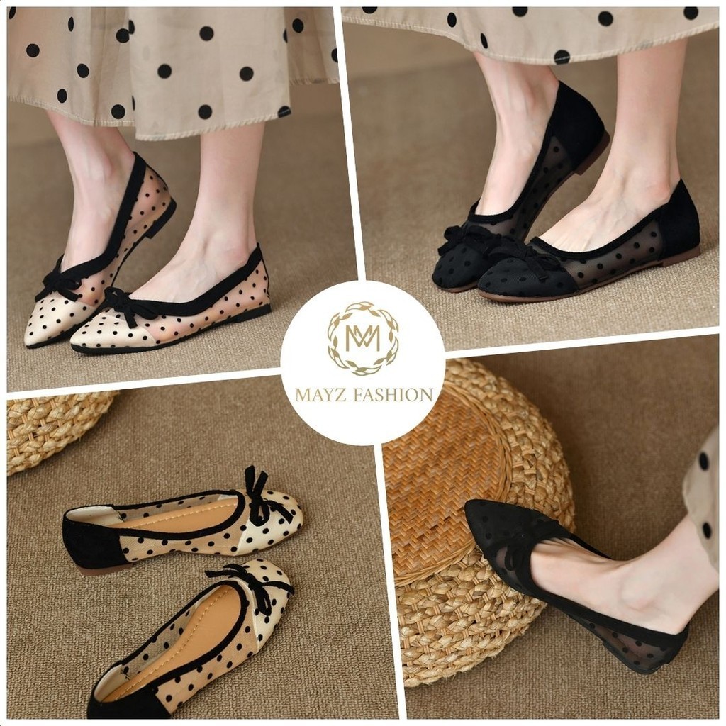 【LF】Sepatu Flatshoes Wanita Kuliahan Mesh Lace Polkadot
