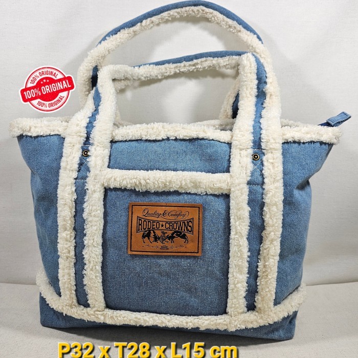 Rodeo Crowns Japan original denim fur tote hand bag tas jinjing bulu dan jeans