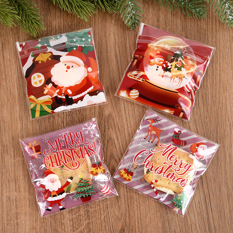 

100Pcs Christmas Cookie Candy Bags Self Adhesive Kids Gift Packaging Biscuit Bag New Year 2025 Navidad Xmas Party Decor Supplies