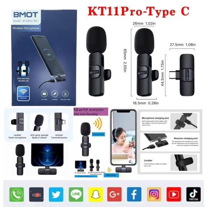 Microphone Bluetooth hp vlog 2mic Clip On KT-11Pro Mic Wireless