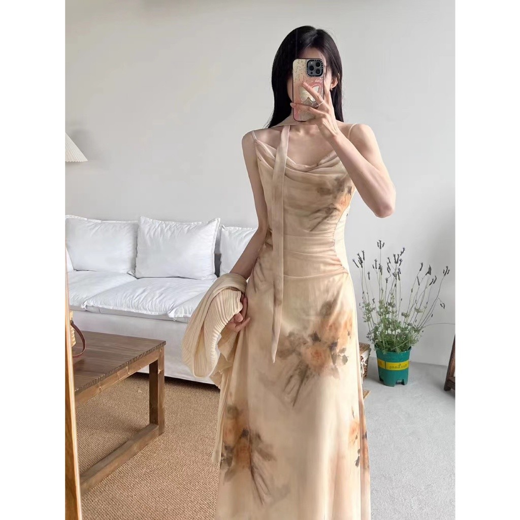 baju gaun pantai pesta mewah elegan wanita summer long dress casual floral tanpa lengan dress putih 