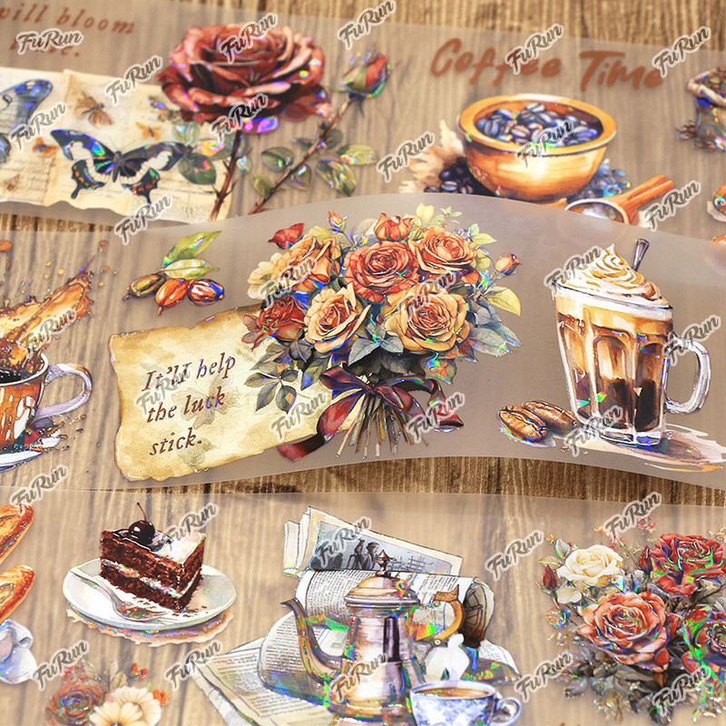 

2M Coffee PET Decorative Tape Flower Washi Tape for Diary Afternoon Tea Masking Tape Junk Journal Supplies Scrapbooking Stickers