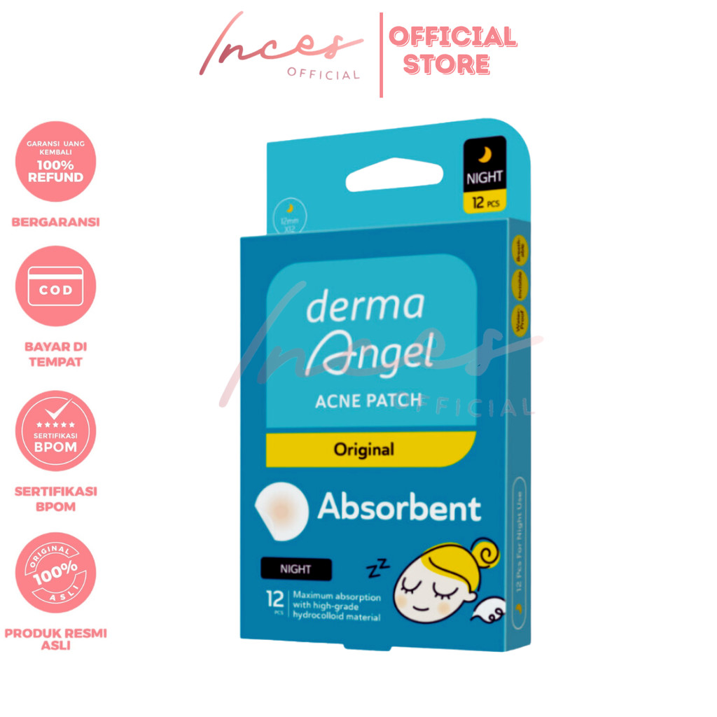 INCES - Derma Angel Acne Patch Night: Isi 12 Patch | Plester Jerawat Transparan | Sticker Jerawat Ma