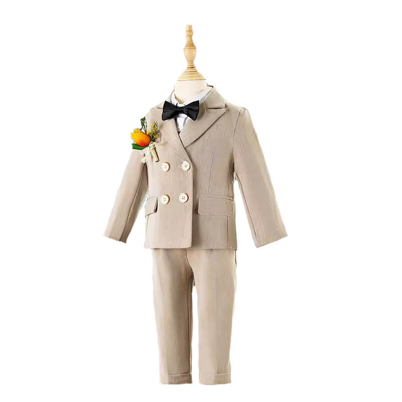 Children Beige Stripe Jacket Vest Pants Bowtie Flower Photography Suit Kid Ceremony Costume Boys Wed