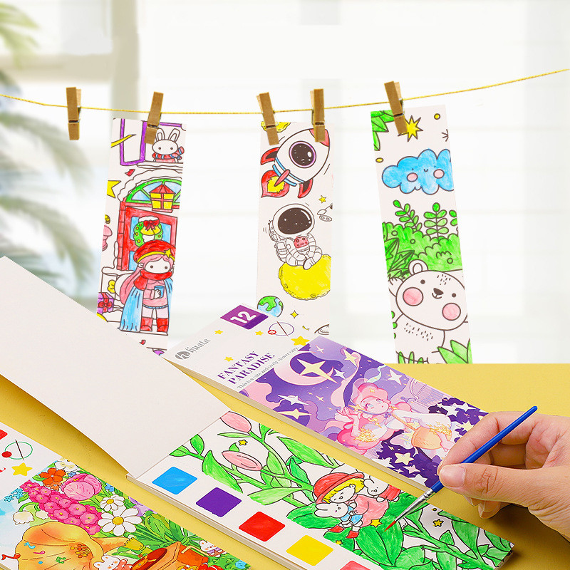 

12pages Children's Watercolor Coloring Book,Children's Education Counseling Drawing Book, With Built-in Watercolor Paint Pens