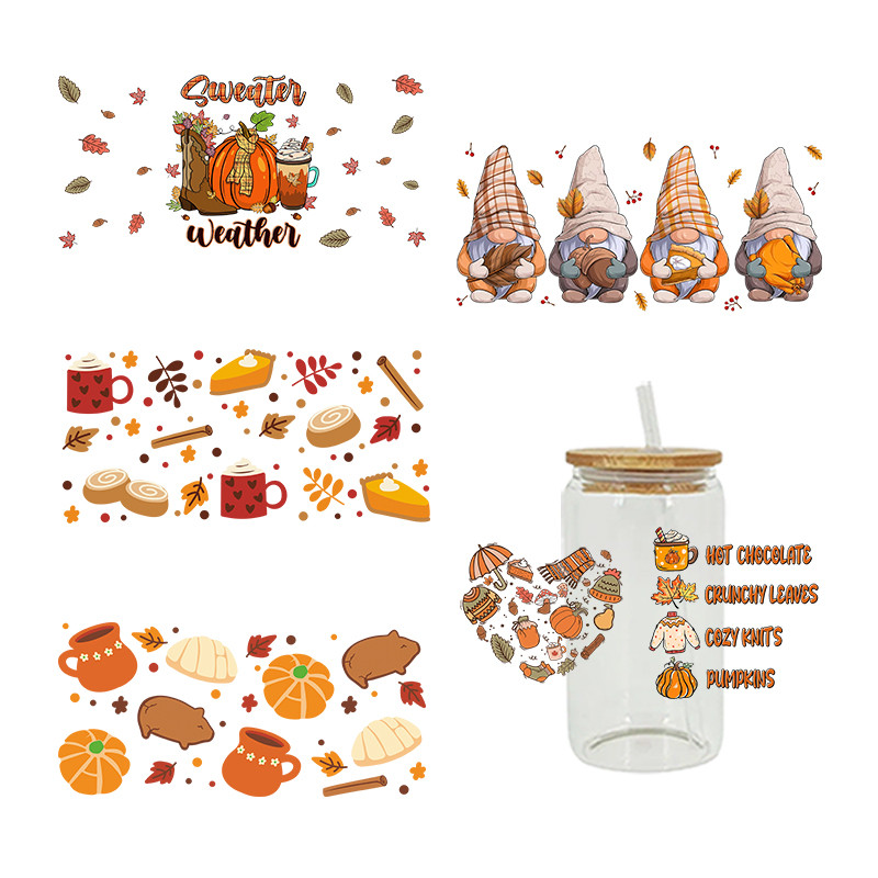 

UV DTF Transfer Sticker Autumn Theme For The 16oz Libbey Glasses Wraps Cup Can DIY Waterproof Easy To Use Custom Decals D3981
