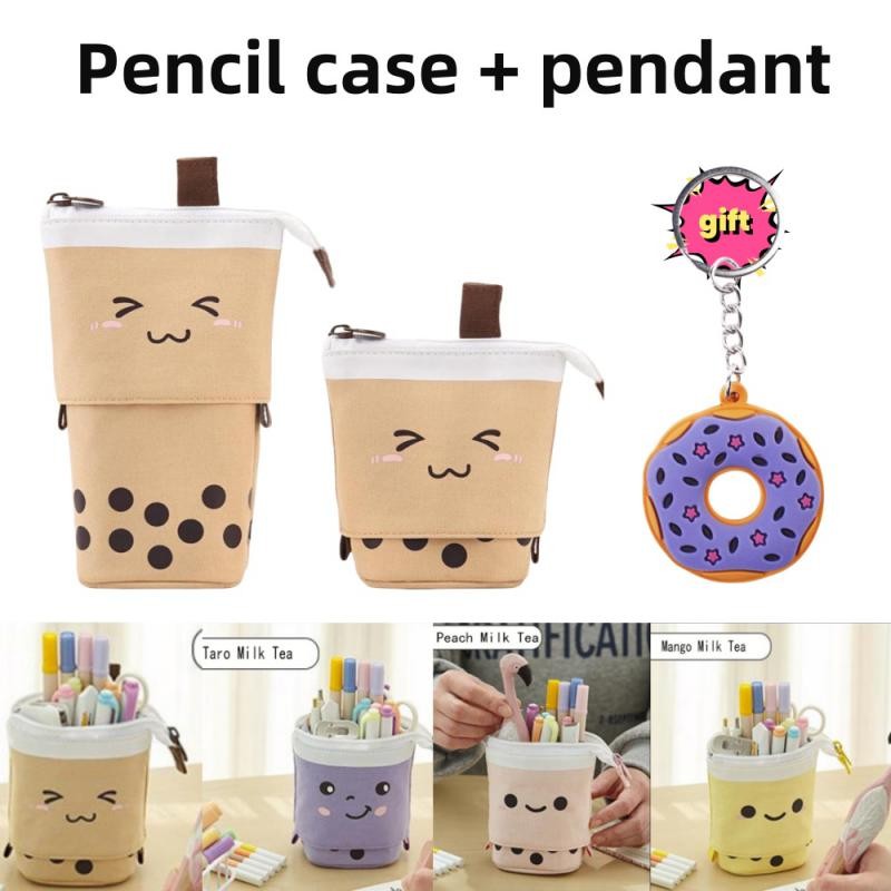 

1 Set Cute Boba Milk Tea Retractable Pen Bag Pencil Holder Stationery Case Stand Up Pencil Case For Kids Stationery Pouch Bag