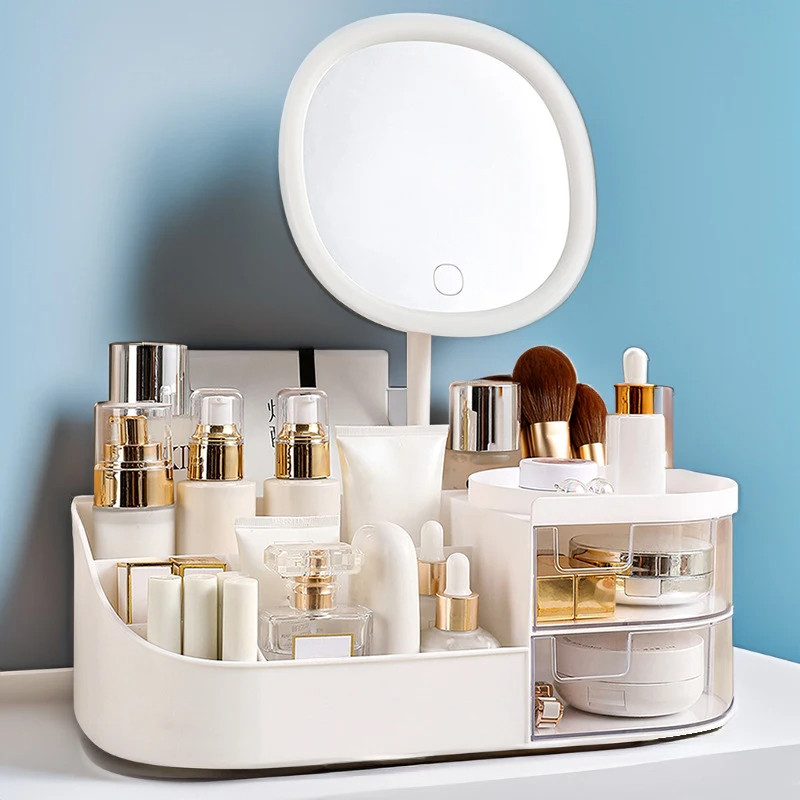 Makeup Storage Box With Mirror Desktop Dressing Table Makeup Mirror Cosmetics Jewelry Storage Box To