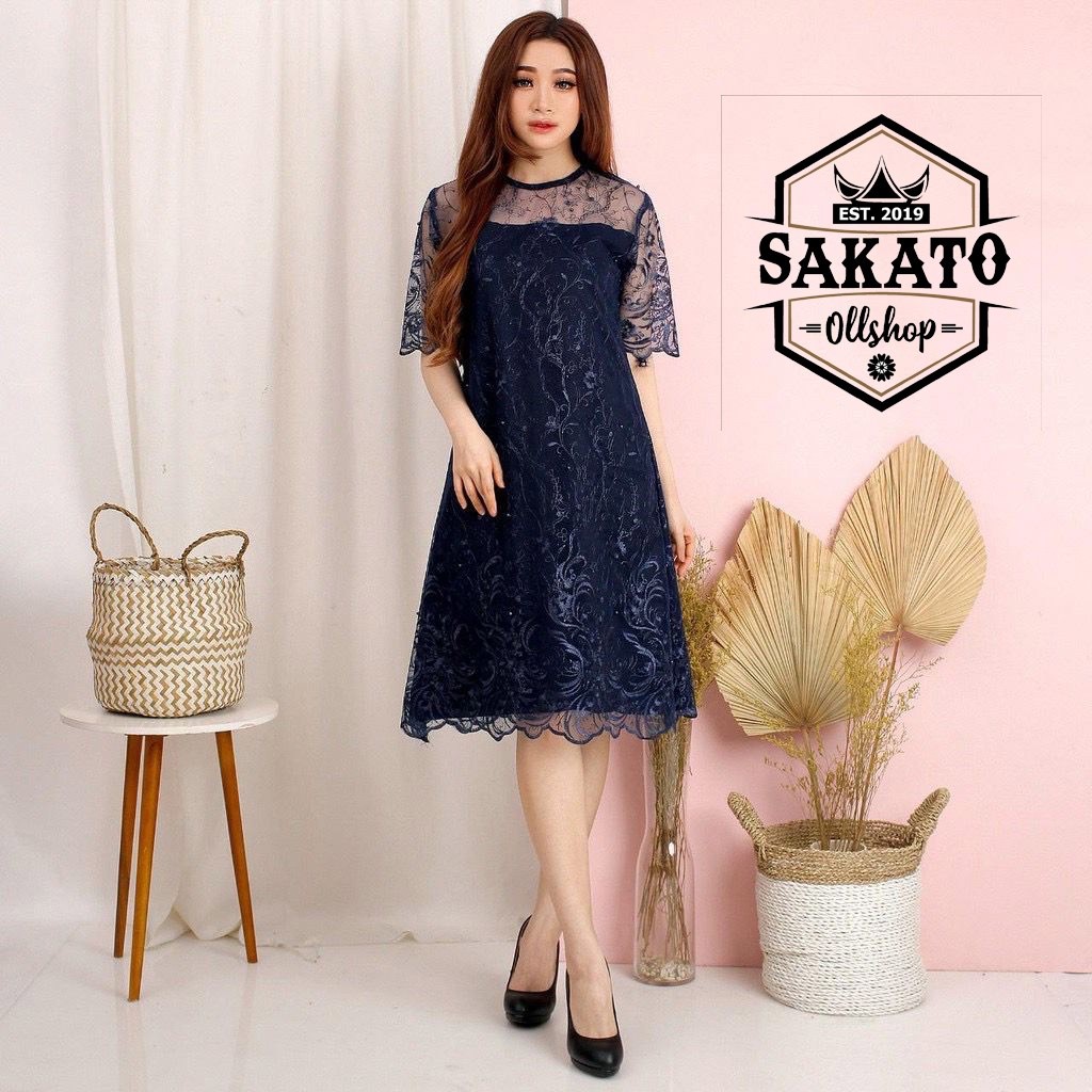 BAJU NATAL CANTIK BARU ELEGAN MURAH / PROMO DRESS BRUKAT TILLE GLITER MUTIARA MODEL PENDEK TERBARU /