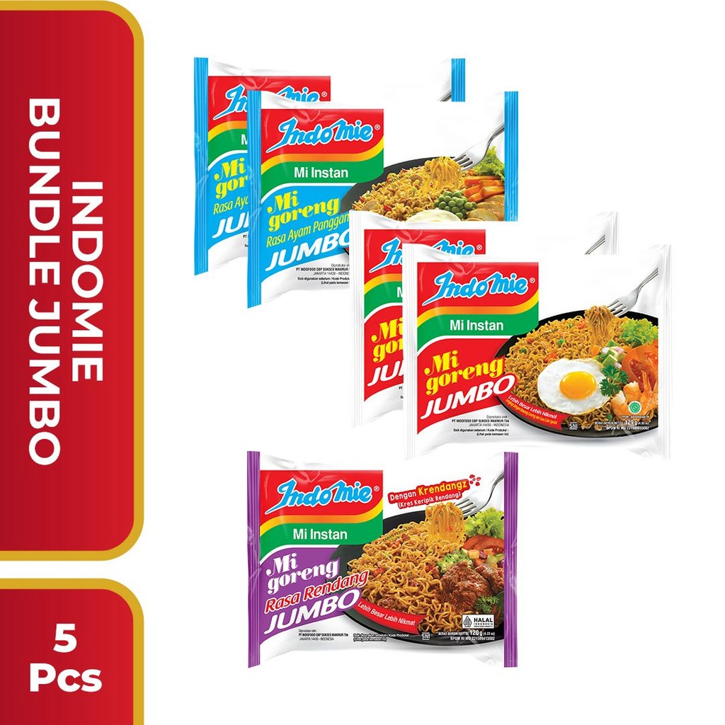 

5 Pcs Indomie Bundle Jumbo - Goreng Spesial 80 Gr, Ayam Panggang 90 Gr & Rendang 91 Gr