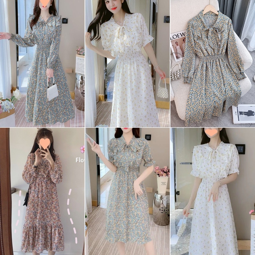 Dress Muslimah Chiffon Korea - Lengan Panjang, Motif Bunga