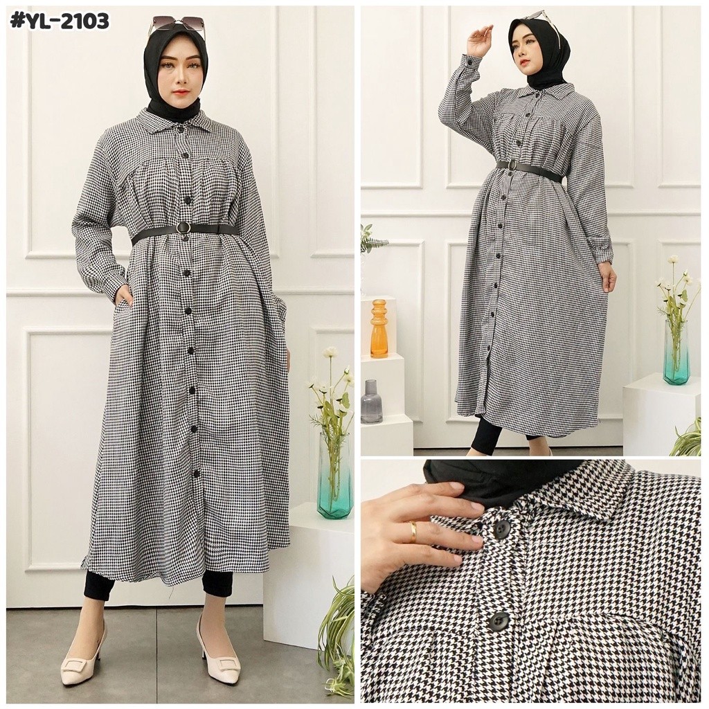 ⭐️IMPORT⭐️Tunik Wenda / YL2103 / Tunik Full Kancing / Gamis Kotak / Tunik Kotak / Dress Kotak / Dres