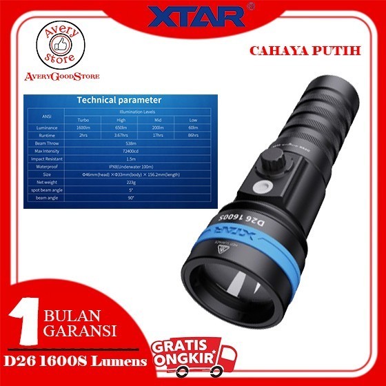 XTAR D26 1600S LUMENS, Senter Diving, Hi Beam 432M, Flashlight Diving, Senter Selam